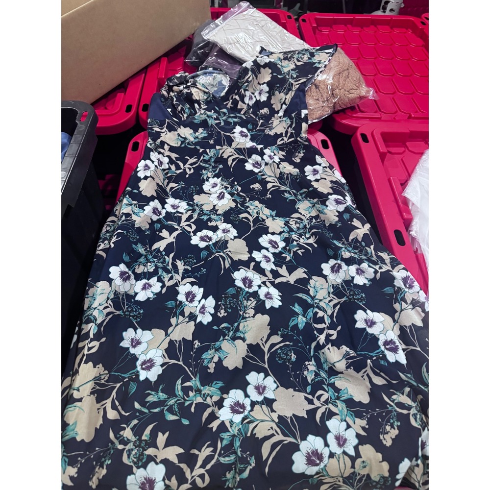 JJsHouse Floral Maxi Dress Navy Blue White Purple V-Neck Flutter Sleeve Large
